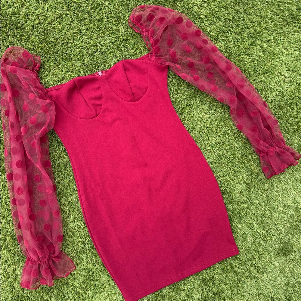 Red Wine Mini Dress with Sheer Polka Dot Sleeves